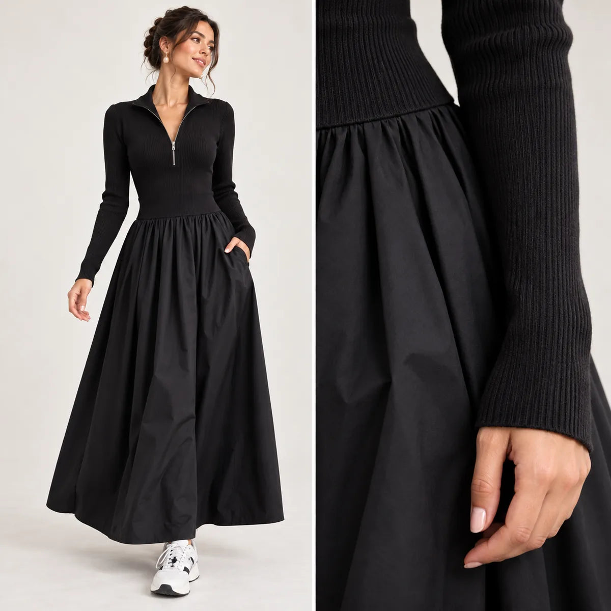 Coralie — Robe longue à col zippé et jupe plissée — détail et finition