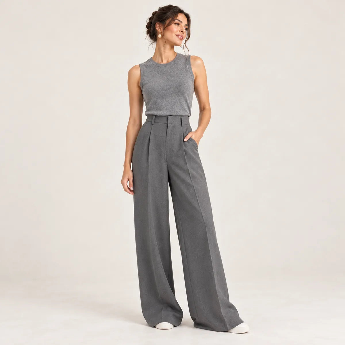 Sophie — Pantalon taille haute à jambes très larges — Gris