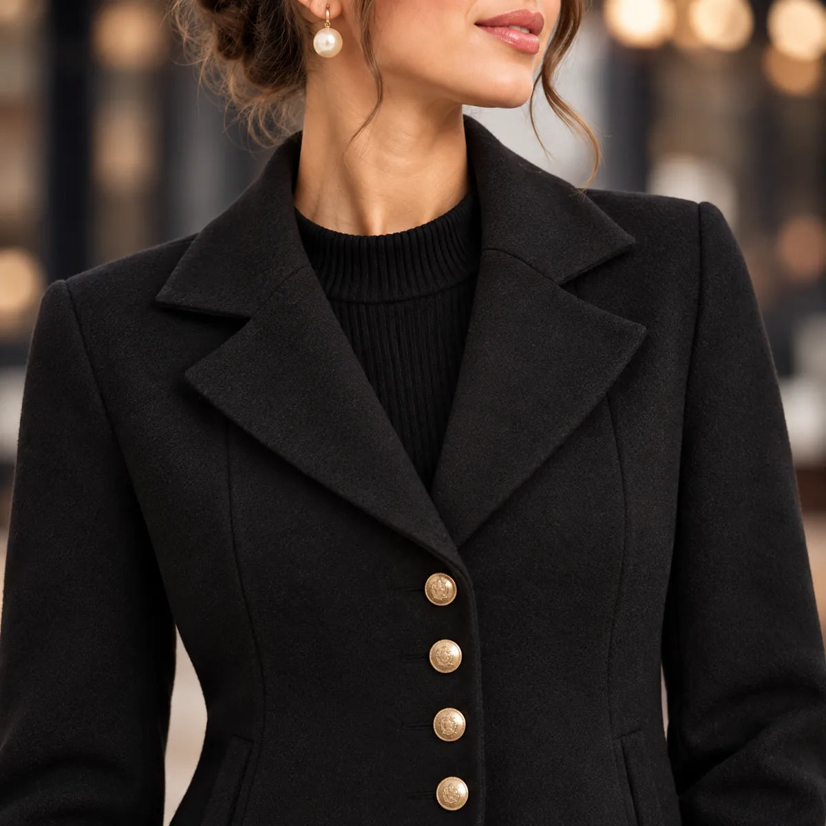 Louise — Manteau cintré à boutons dorés — détail et finition