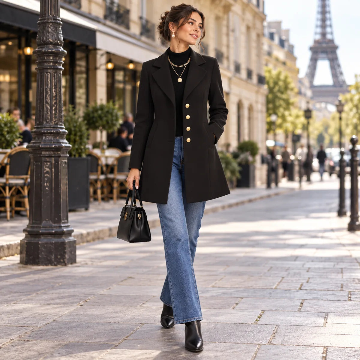 Louise — Manteau cintré à boutons dorés — mise en situation à Paris