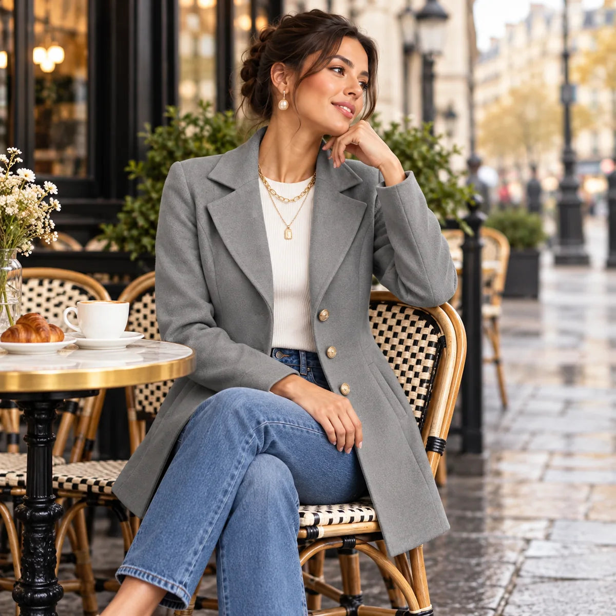 Louise — Manteau cintré à boutons dorés — mise en situation à Paris