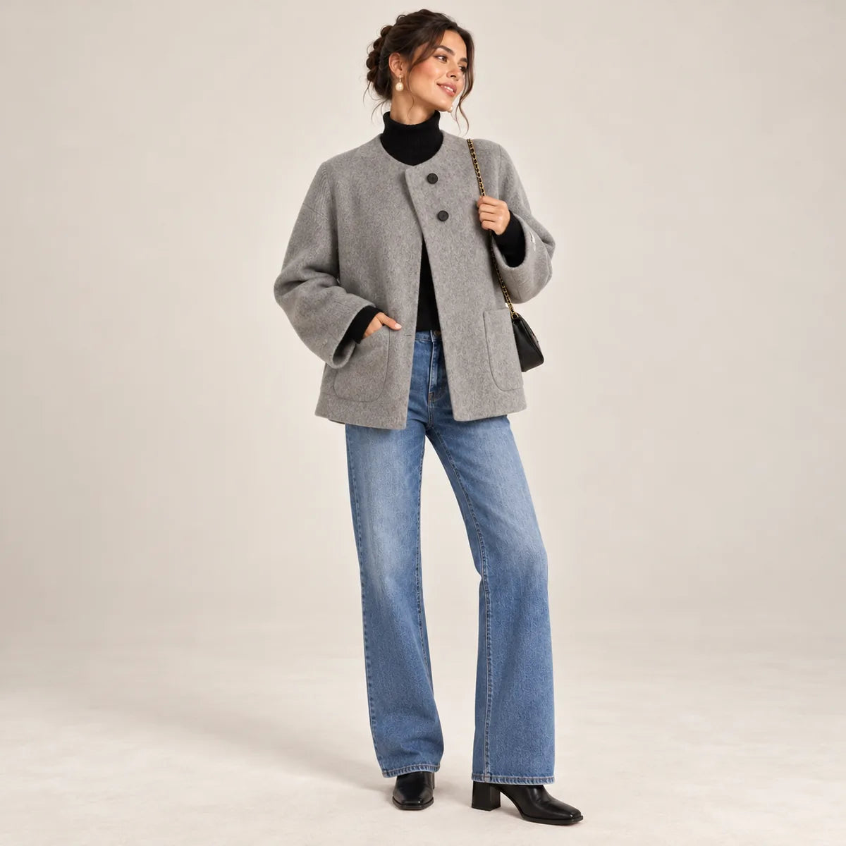 Lucie — Veste ample sans col à poches arrondies — Gris