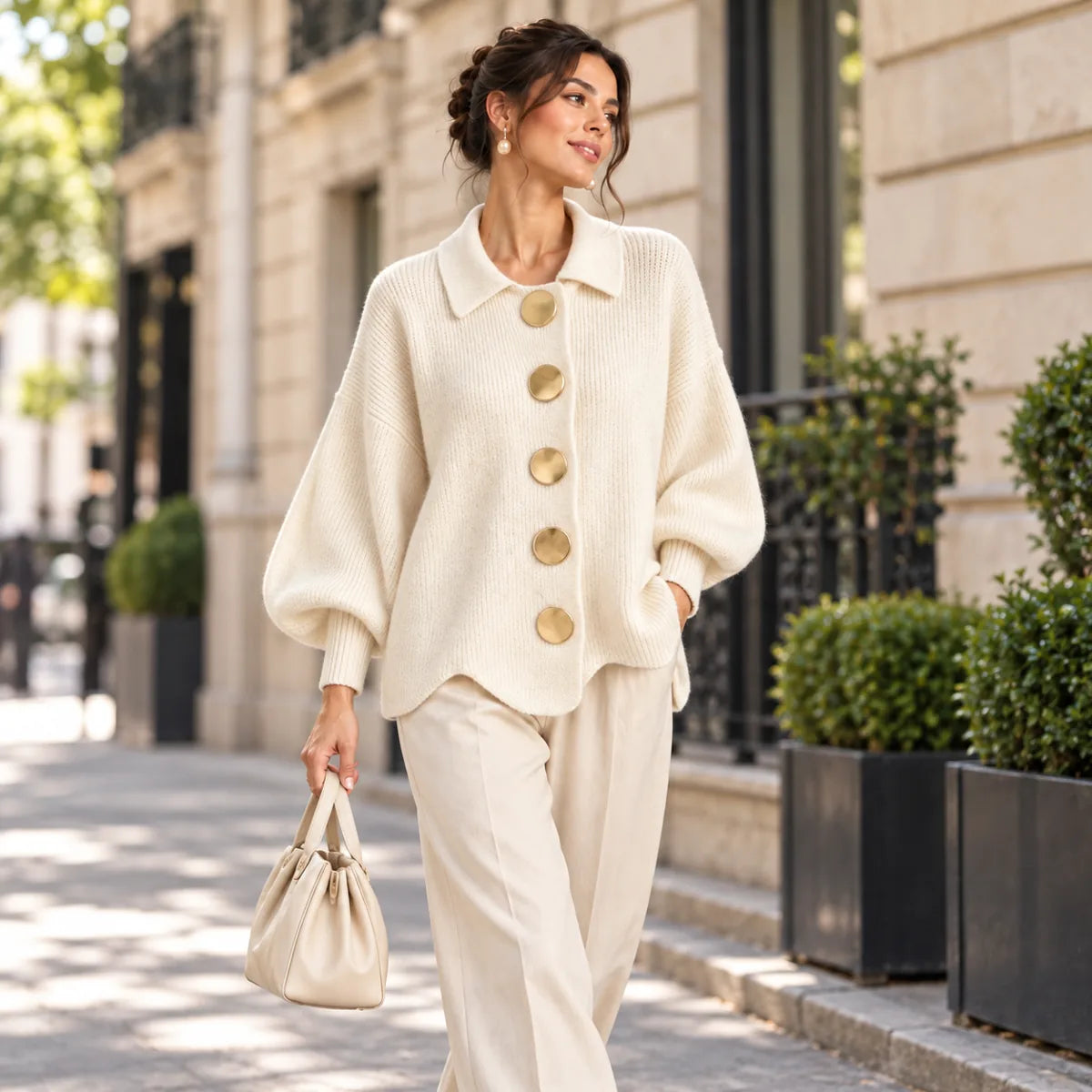 Madeleine écru — cardigan ample porté dans une rue parisienne