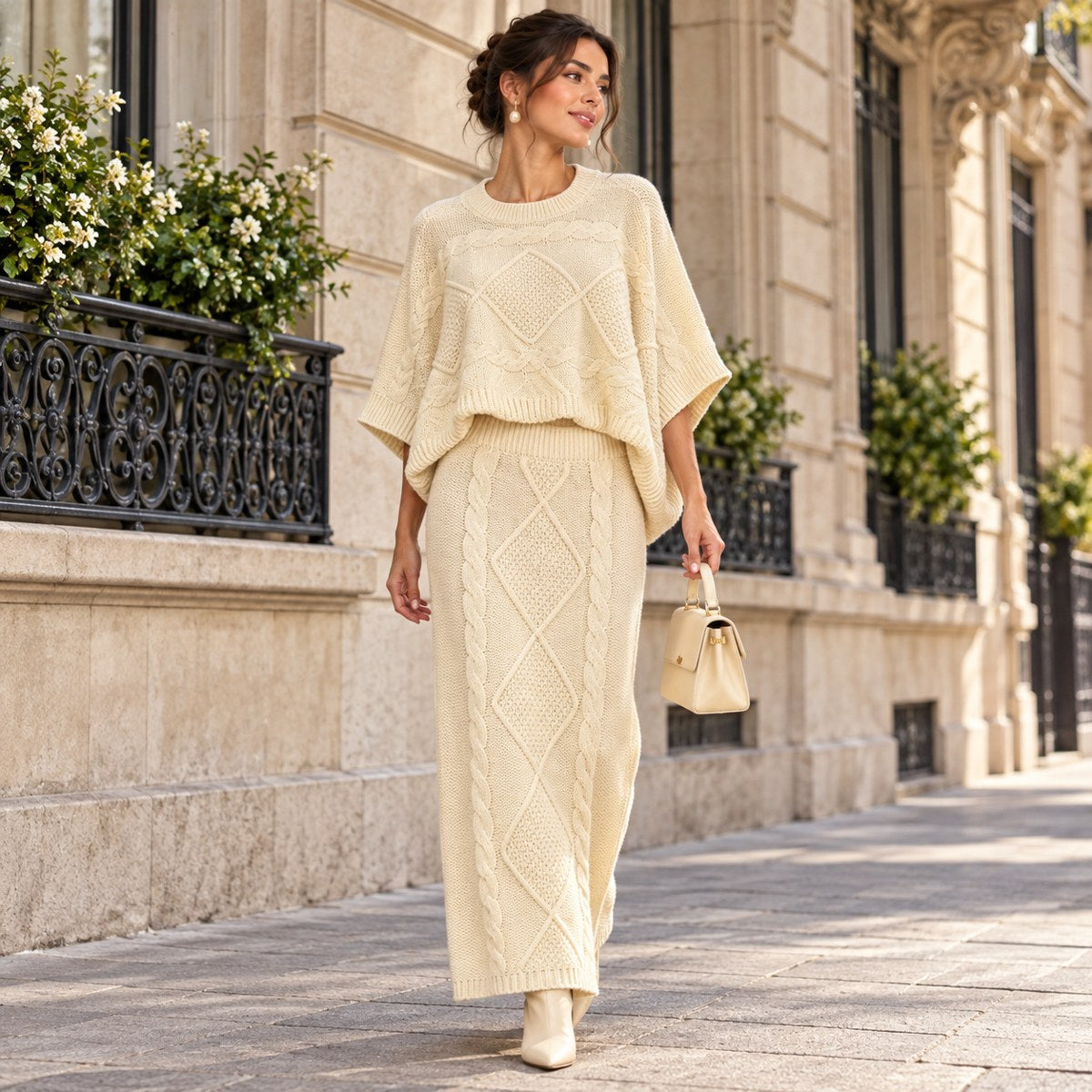 Manon — Ensemble en maille à jupe torsadée — mise en situation à Paris