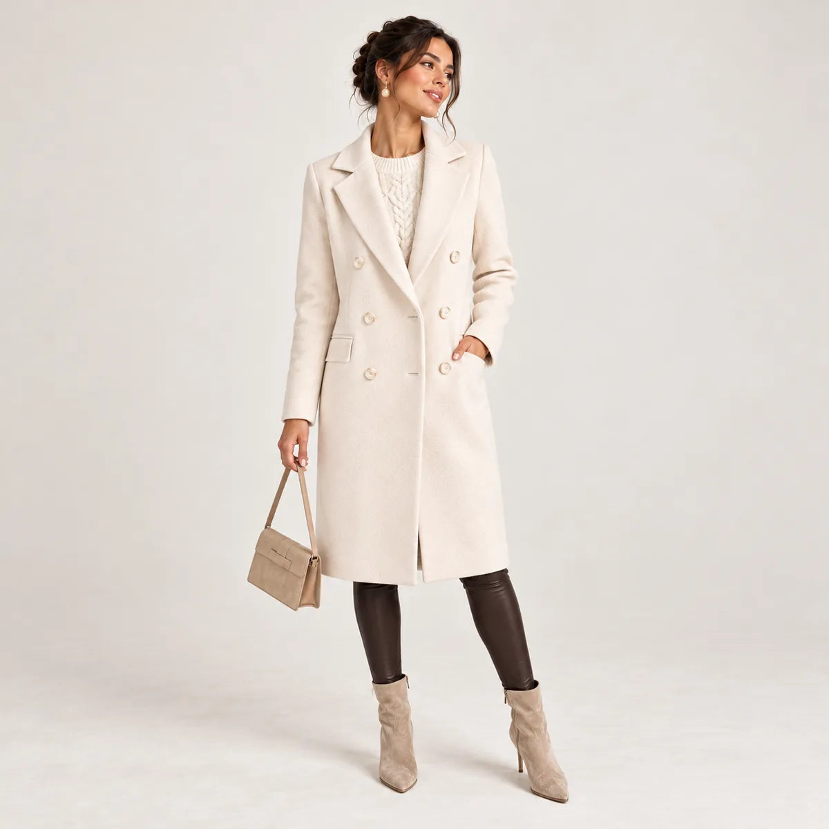 Margot — manteau droit à double boutonnage écru, vue de face en studio