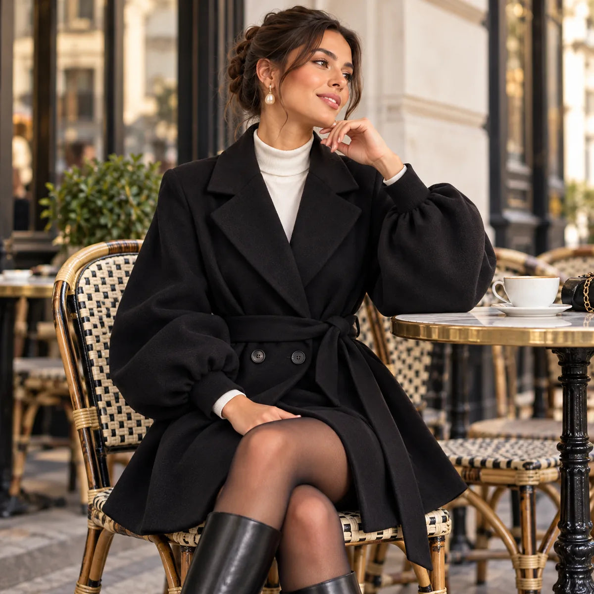 Odette — Manteau court ceinturé à manches ballon — mise en situation à Paris
