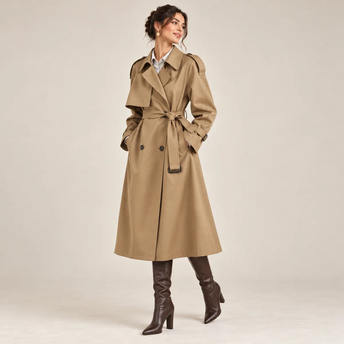 Pauline — Trench long à ceinture et pattes d’épaule — détail et finition