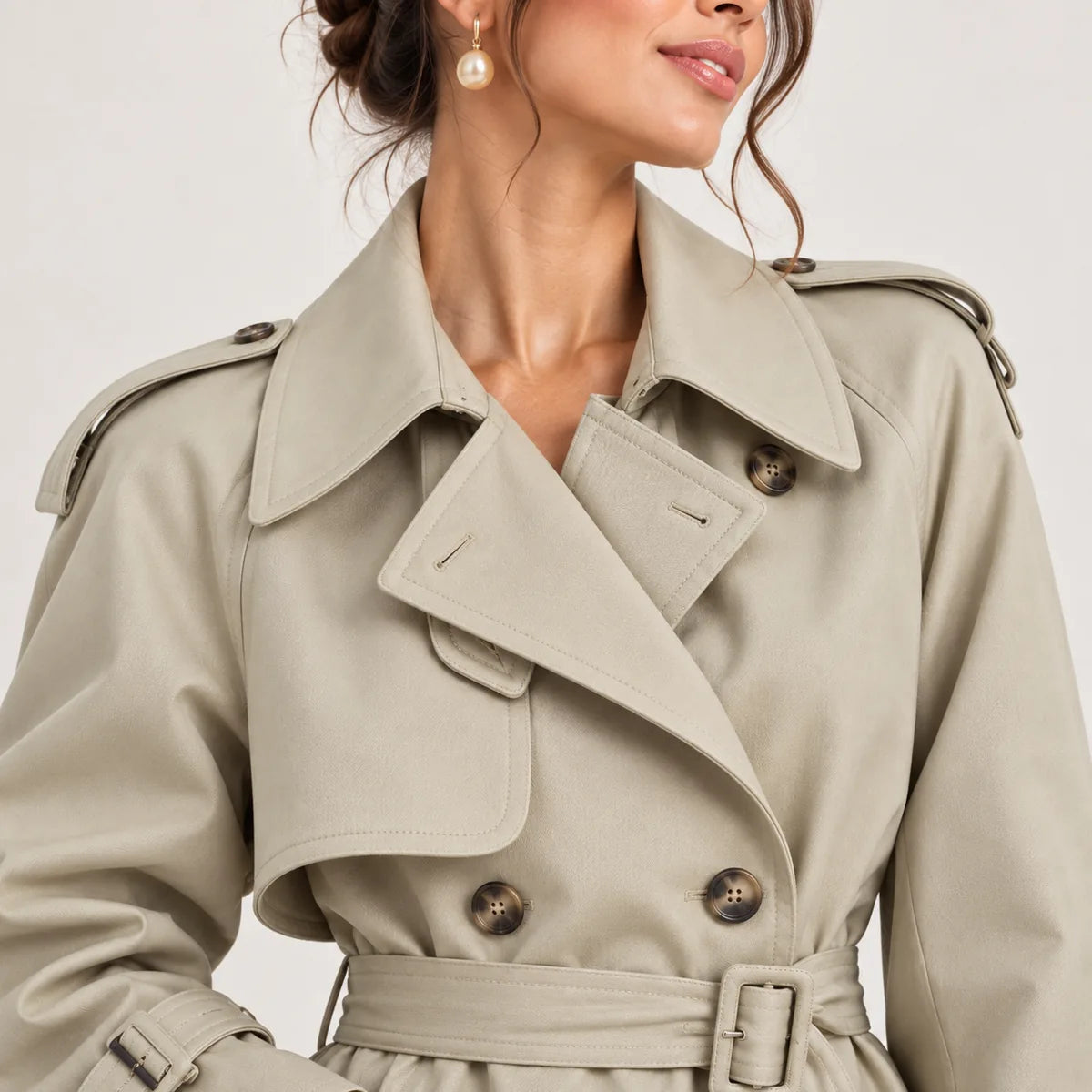Pauline — Trench long à ceinture et pattes d’épaule — détail et finition