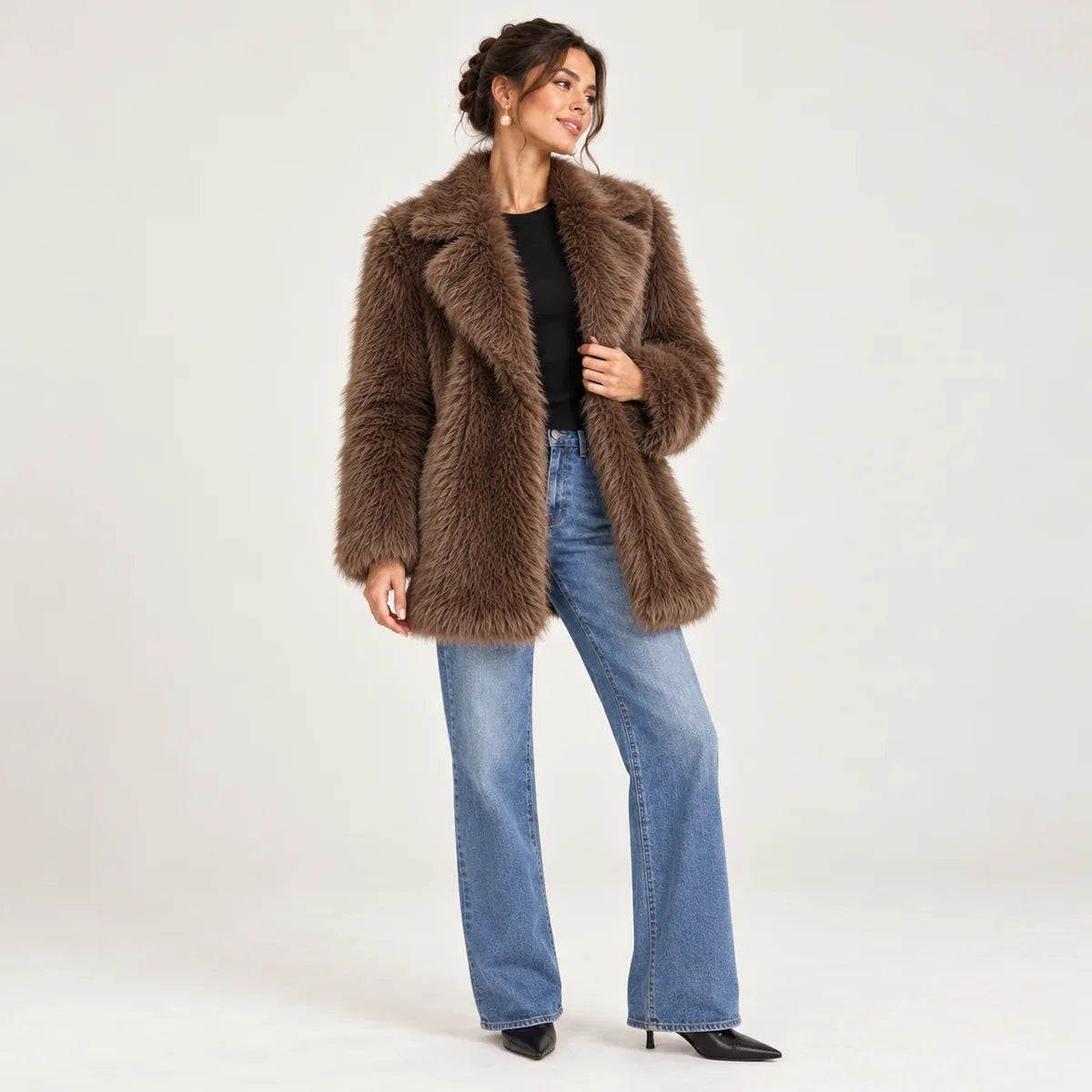 Roxane — Manteau effet fourrure à grand col — Marron
