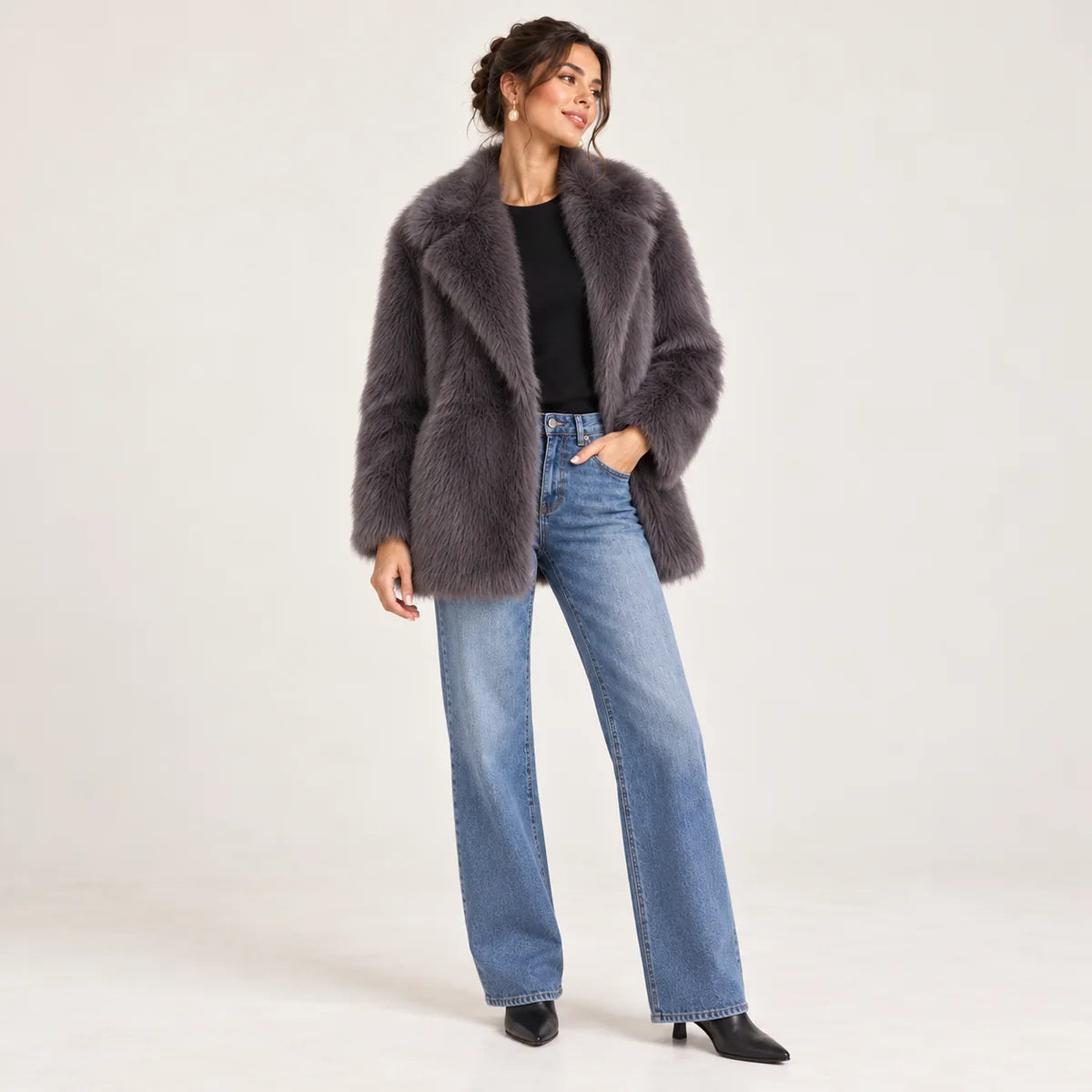 Roxane — Manteau effet fourrure à grand col — Gris foncé