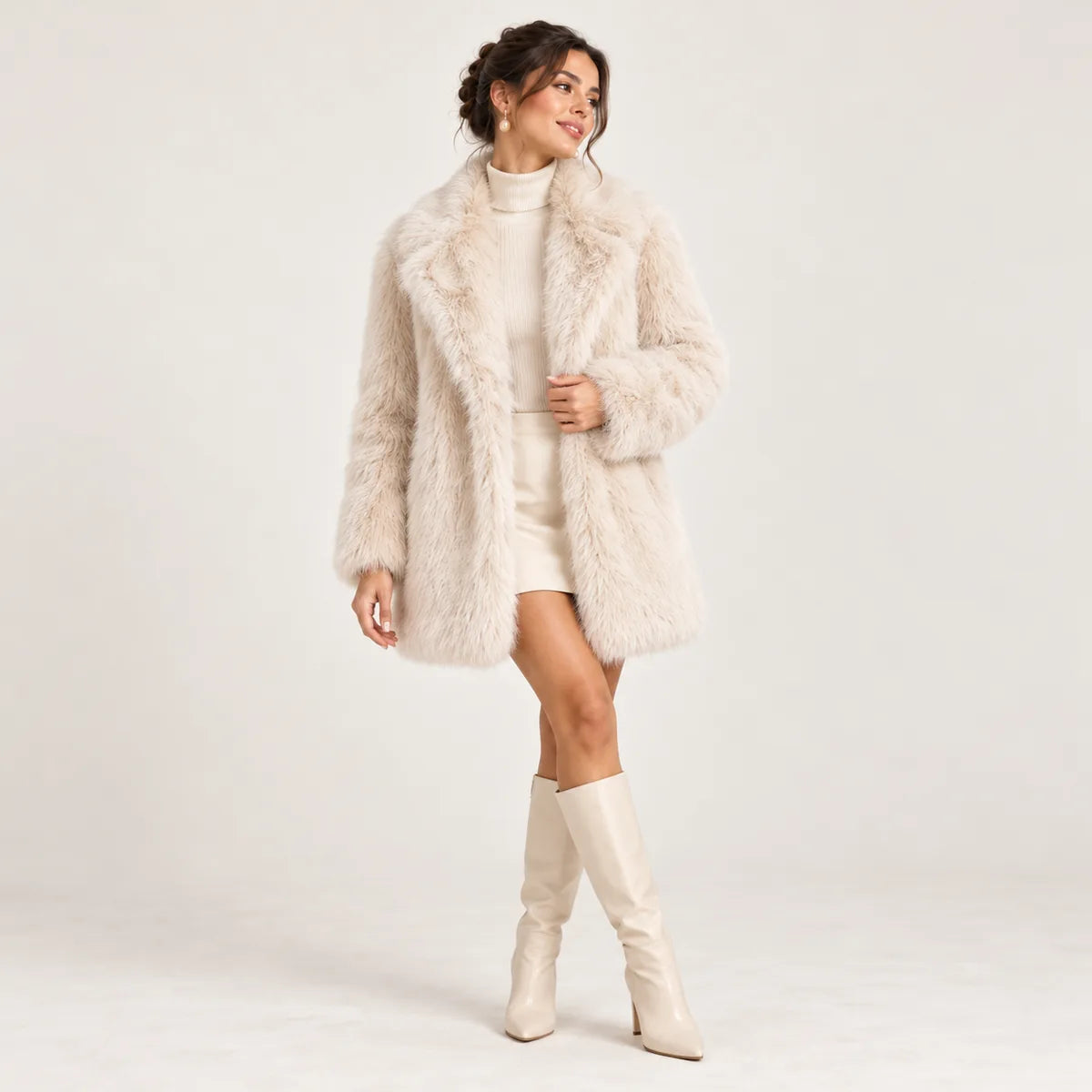 Roxane — Manteau effet fourrure à grand col — Beige thé — vue portée