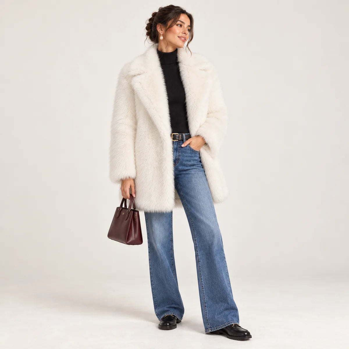 Roxane — Manteau effet fourrure à grand col — Ivoire — vue portée