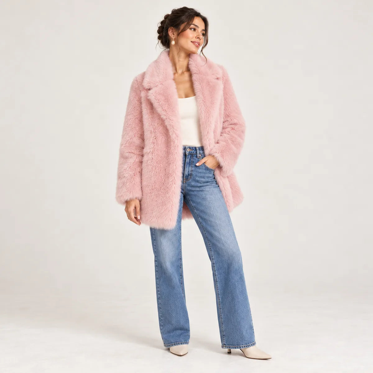 Roxane — Manteau effet fourrure à grand col — Rose
