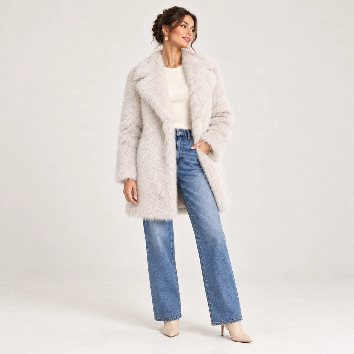 Roxane — Manteau effet fourrure à grand col — Blanc pur