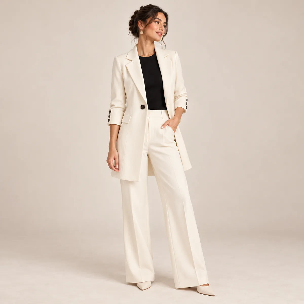 Valentine — Veste longue ou ensemble à col tailleur — Écru — veste seule