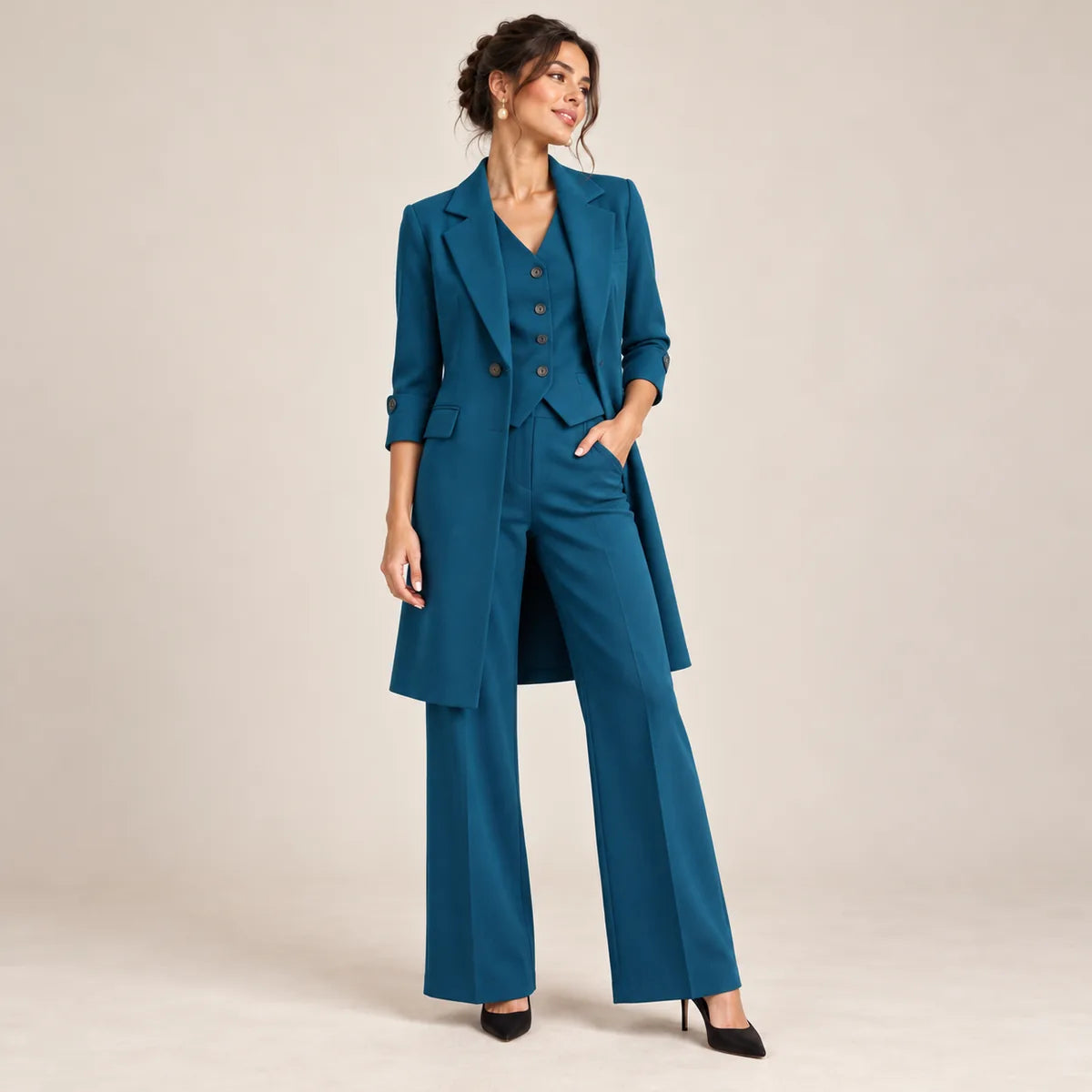 Valentine — Veste longue ou ensemble à col tailleur — Bleu — veste et pantalon