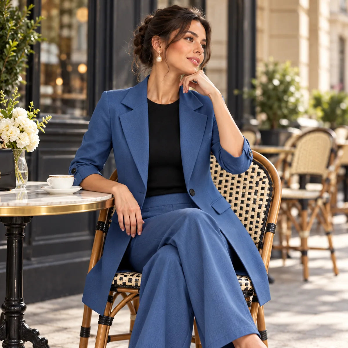 Valentine — Veste longue ou ensemble à col tailleur — mise en situation à Paris