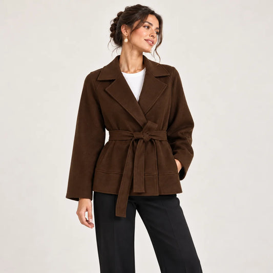 Victoire — veste portefeuille ceinturée, chocolat, chocolat