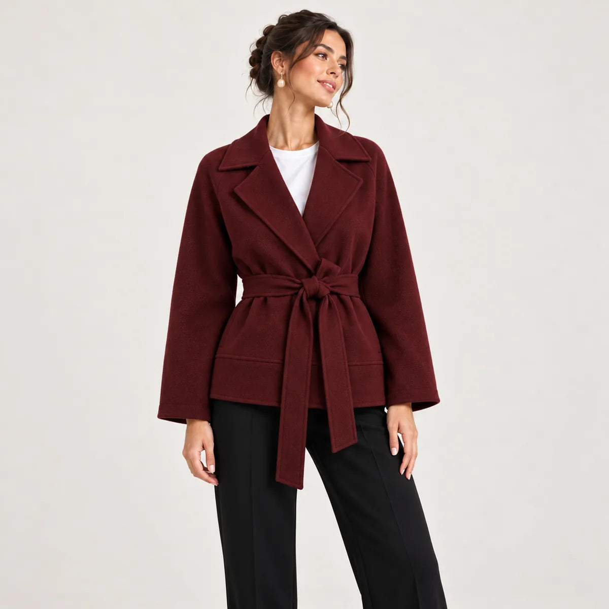 Victoire — veste portefeuille ceinturée, bordeaux, bordeaux