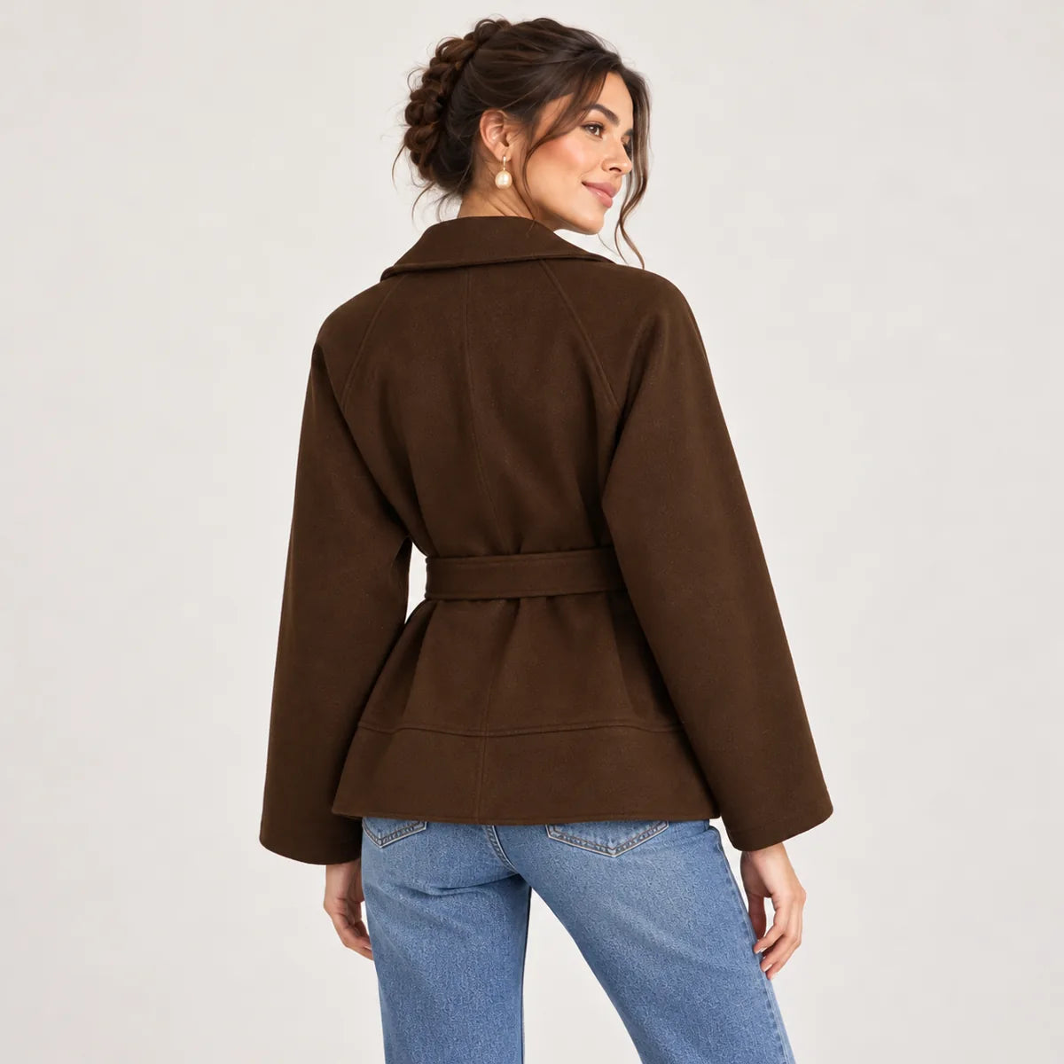 Victoire — veste portefeuille ceinturée, chocolat, dos