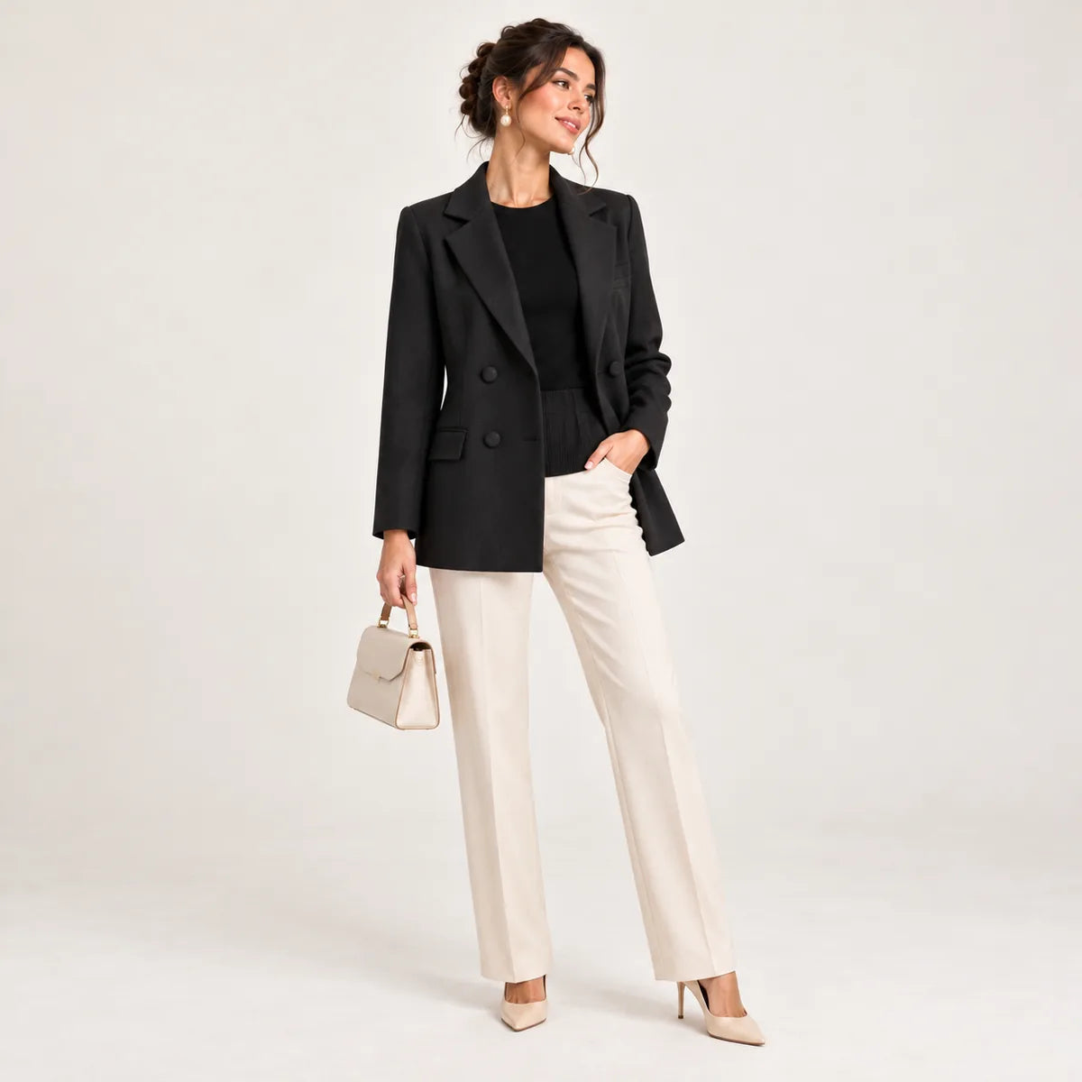 Cécile — Blazer long croisé à coupe droite — Noir