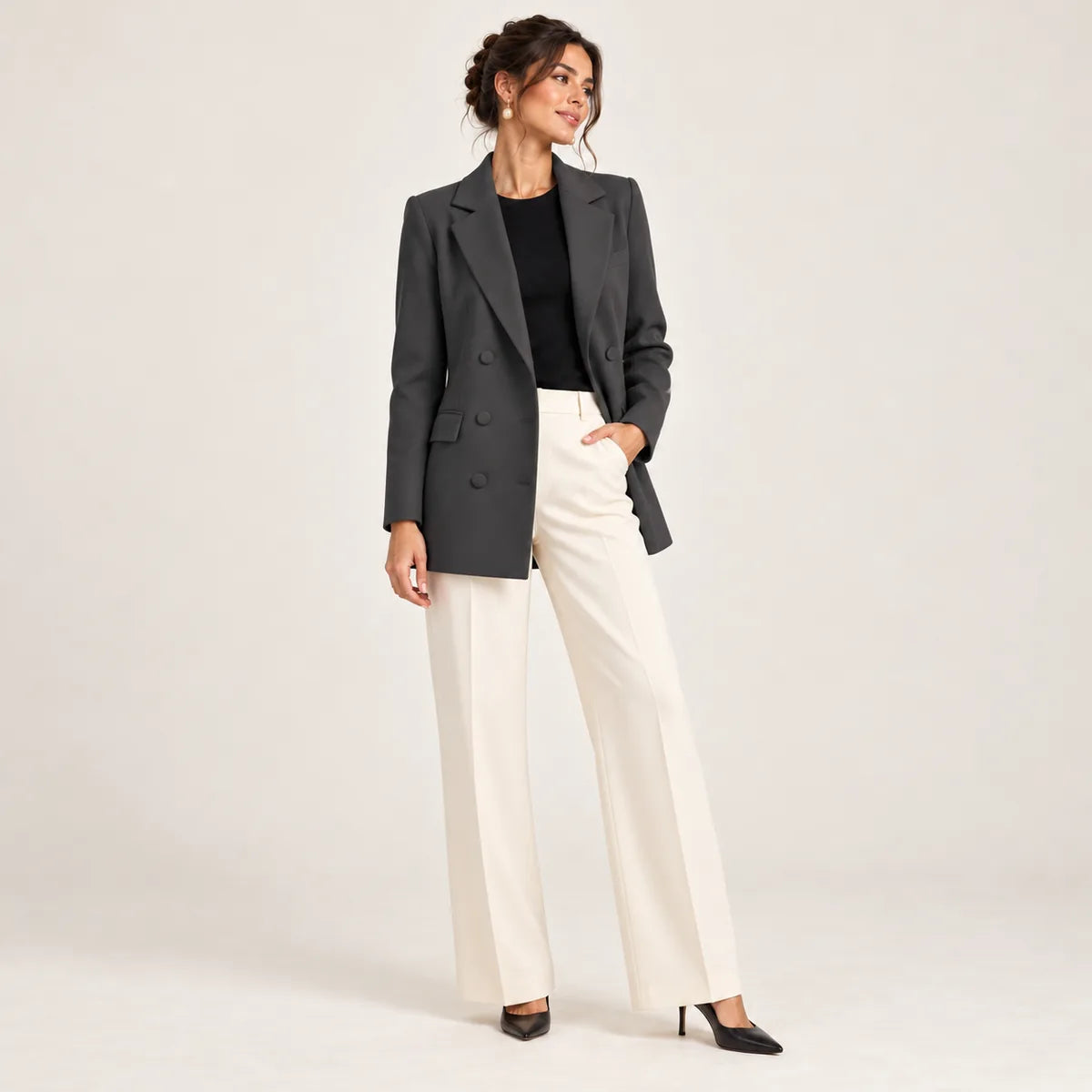 Cécile — Blazer long croisé à coupe droite — Gris foncé