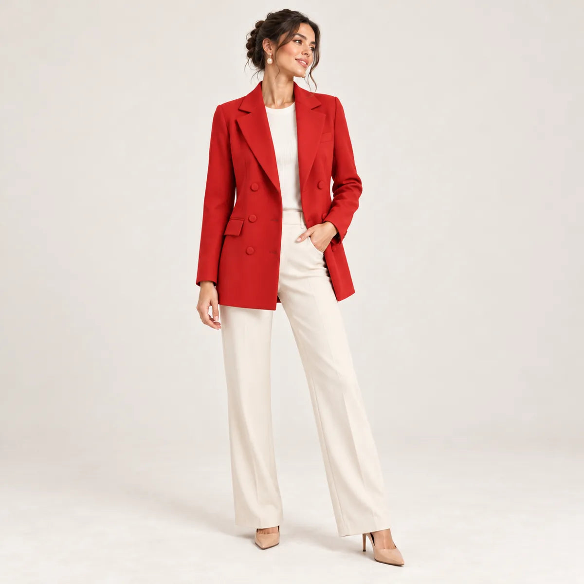Cécile — Blazer long croisé à coupe droite — Rouge