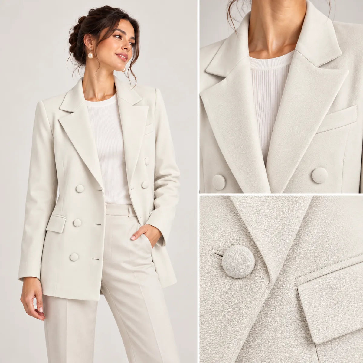 Cécile — Blazer long croisé à coupe droite — détail et finition