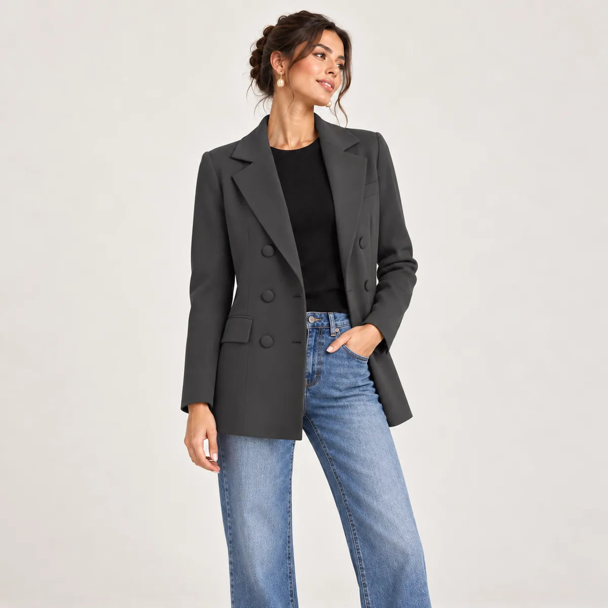 Cécile — Blazer long croisé à coupe droite — détail et finition