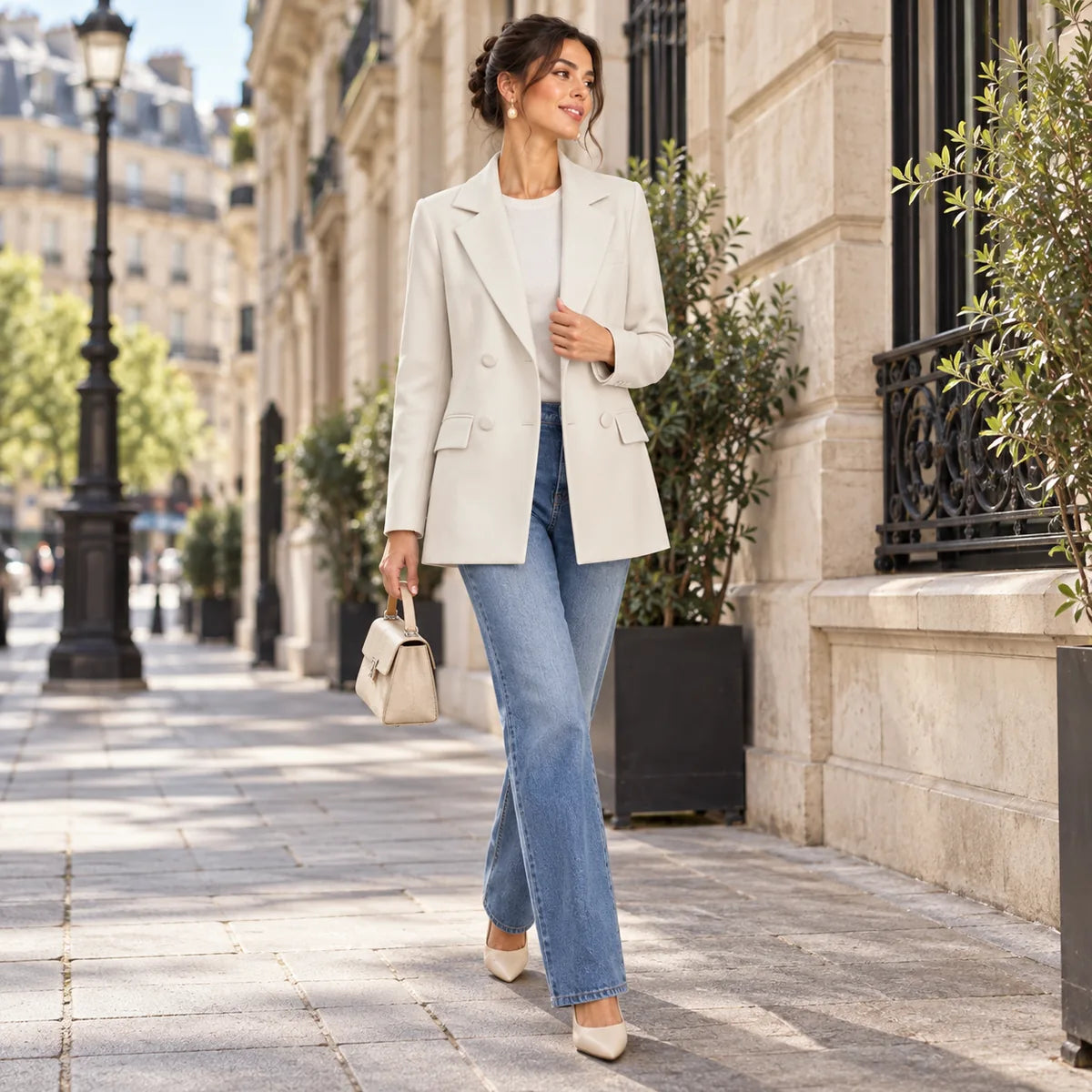Cécile — Blazer long croisé à coupe droite — mise en situation à Paris