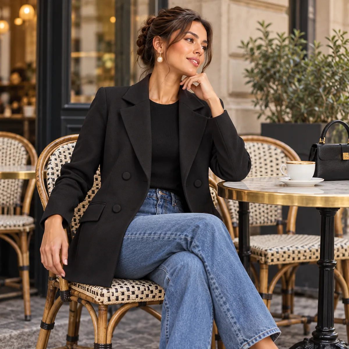 Cécile — Blazer long croisé à coupe droite — mise en situation à Paris